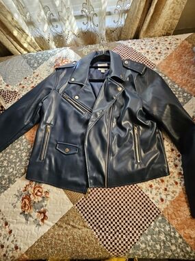 Nine West Navy Faux Leather Moto Jacket with Silver Hardware